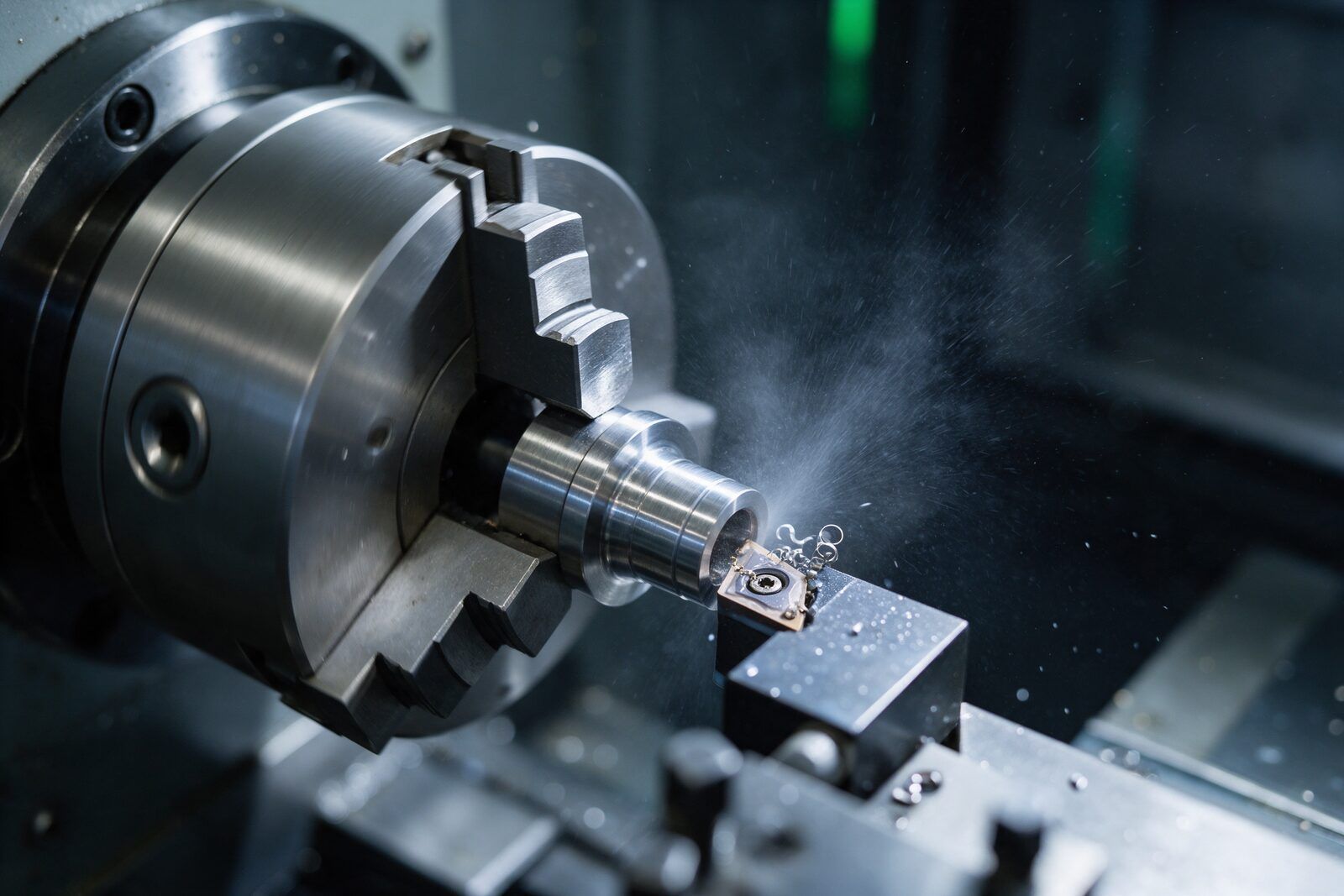 CNC torna içinde işlenen çelik rakor gövdesi; soğutma sıvısı ve kıvrılan talaşlar